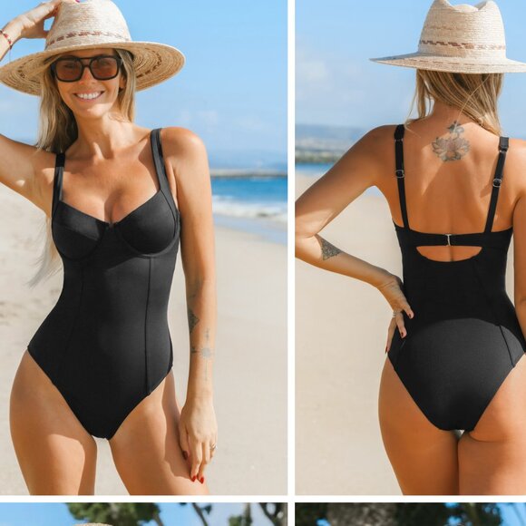 NWT CUPIO Slim & Sculpt Black One piece Swimsuit - Picture 1 of 9